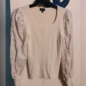 Cream Ribbed Top with Sheer Floral Sleeves